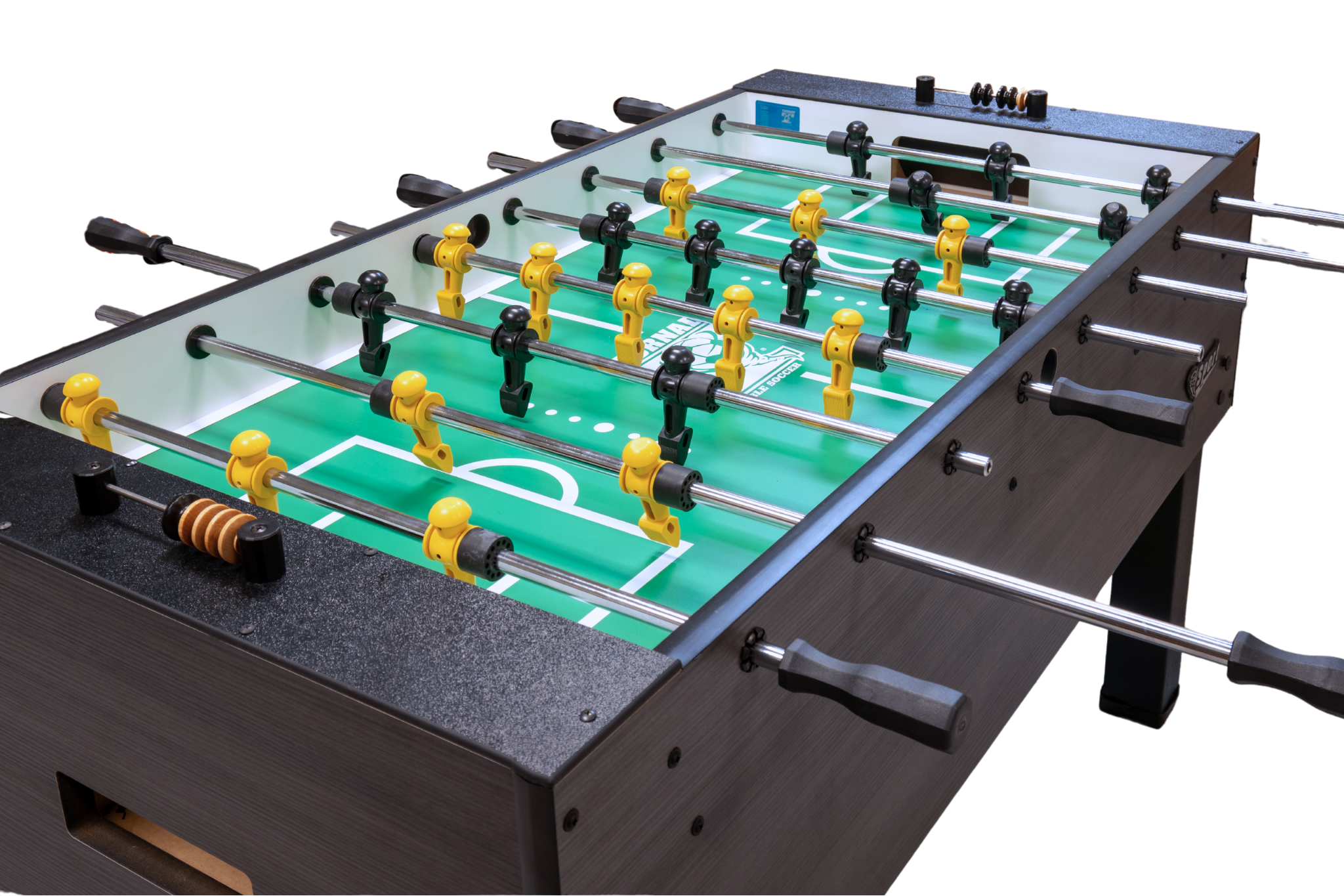 The Tornado Sport II Foosball Table features yellow and black players on a green field.