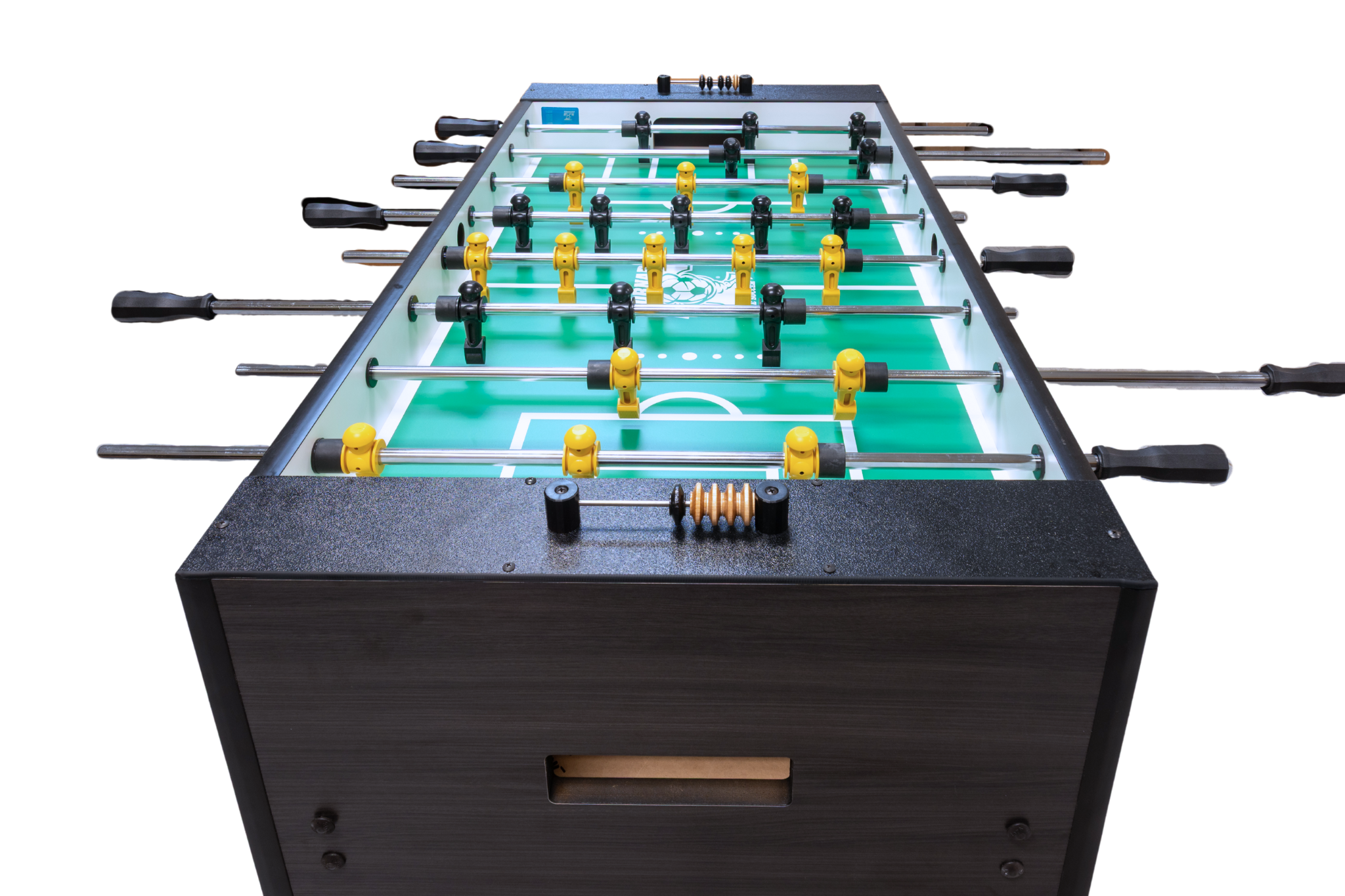 The Tornado Sport II Foosball Table in Weathered Walnut features yellow and black players.