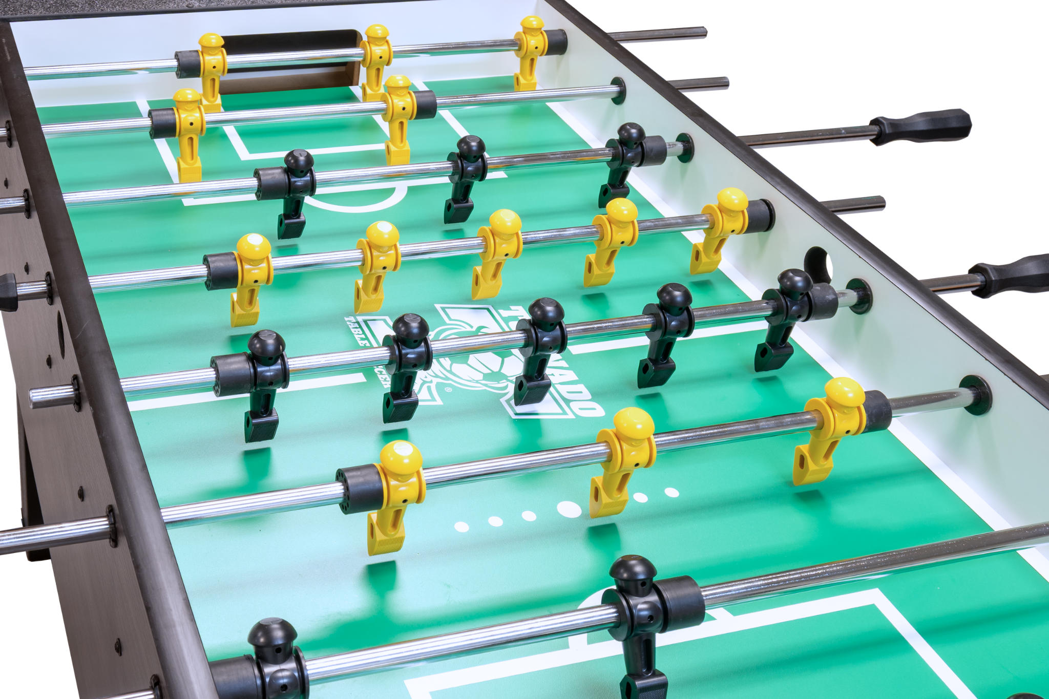 Close-up of Tornado Sport II Foosball Table in Weathered Walnut with yellow and black players.