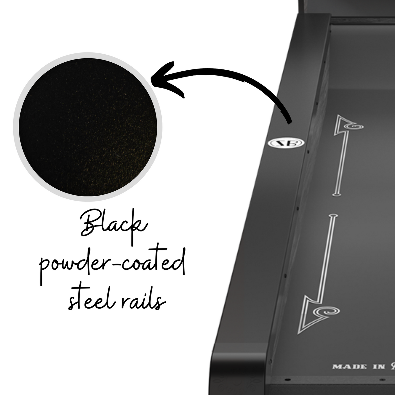 Black powder-coasted steel rails on skee ball machine.