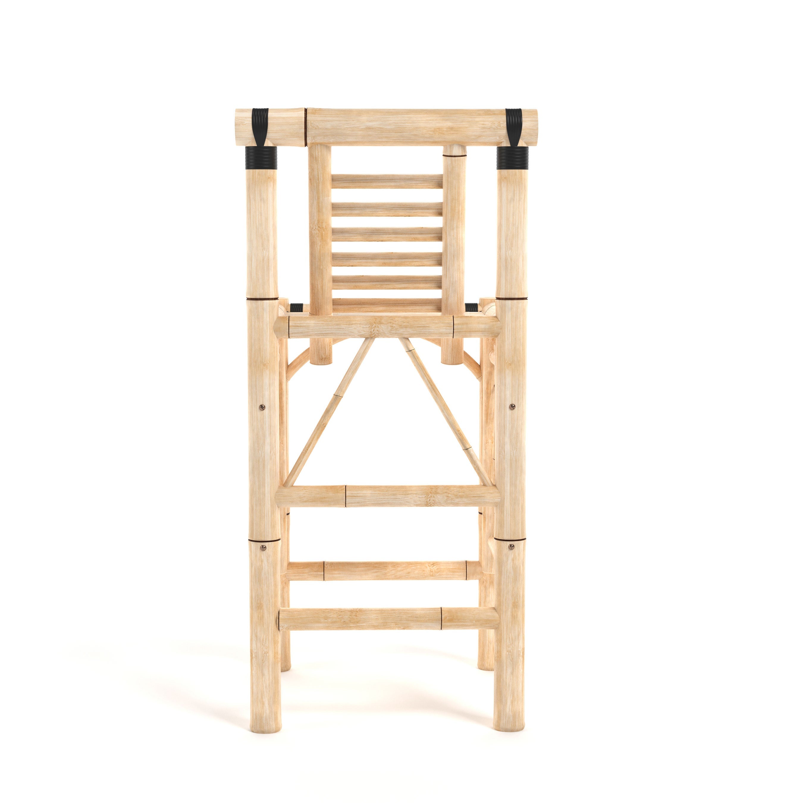 RAM Game Room Set of Two Bamboo Tiki Bar Stools, front view, on white background.