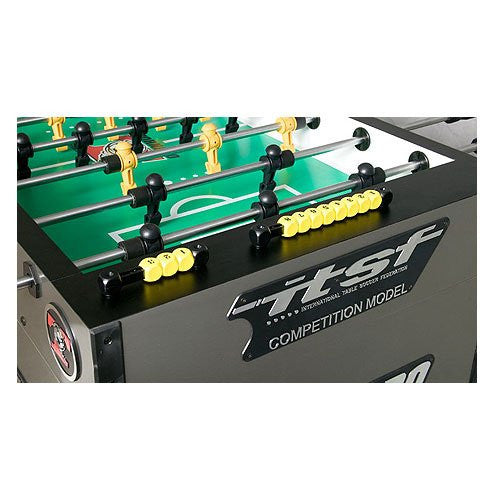 Close-up of Tornado Tournament T-3000 Pro Foosball Table in Silver with yellow and black handles.