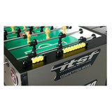 Close-up of Tornado Tournament T-3000 Pro Foosball Table in Silver with yellow and black handles.
