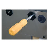 A yellow-handled metal lever fits a square socket on the Tornado T-3000 Foosball Table.