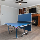 Butterfly ping pong table in a living room setting with a fireplace and bookshelves.