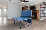Butterfly ping pong table in a living room setting with a fireplace and bookshelves.