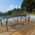 Outdoor ping pong table on a wooden deck with a pool and scenic background