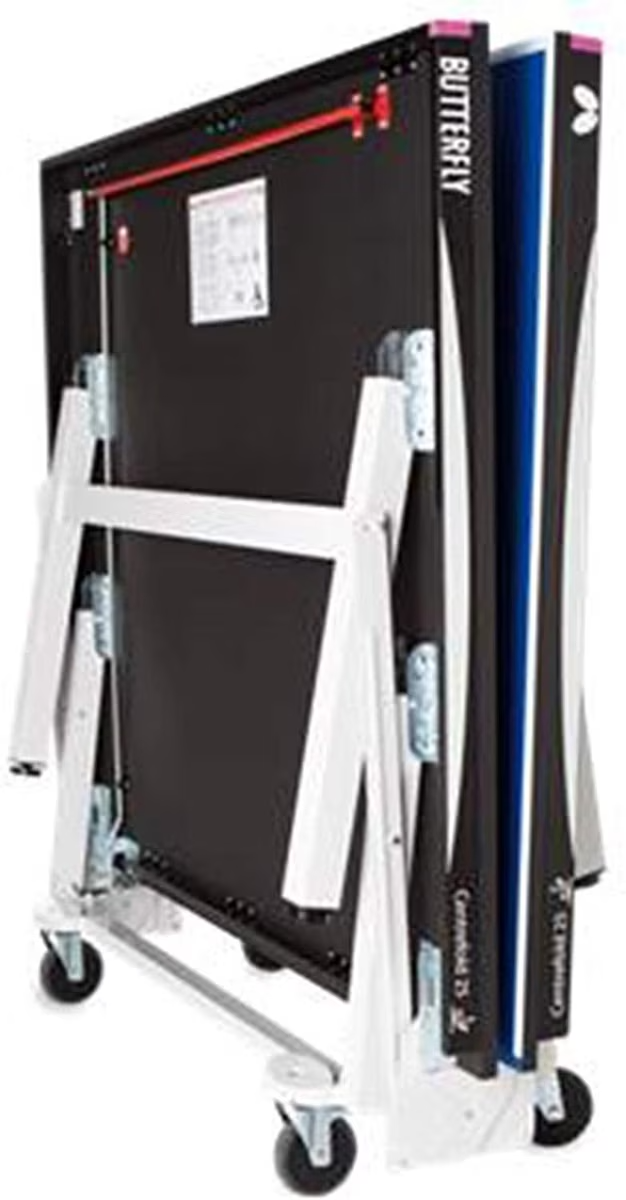 Butterfly Centrefold 25 Table Tennis Table on wheels, upright for storage.