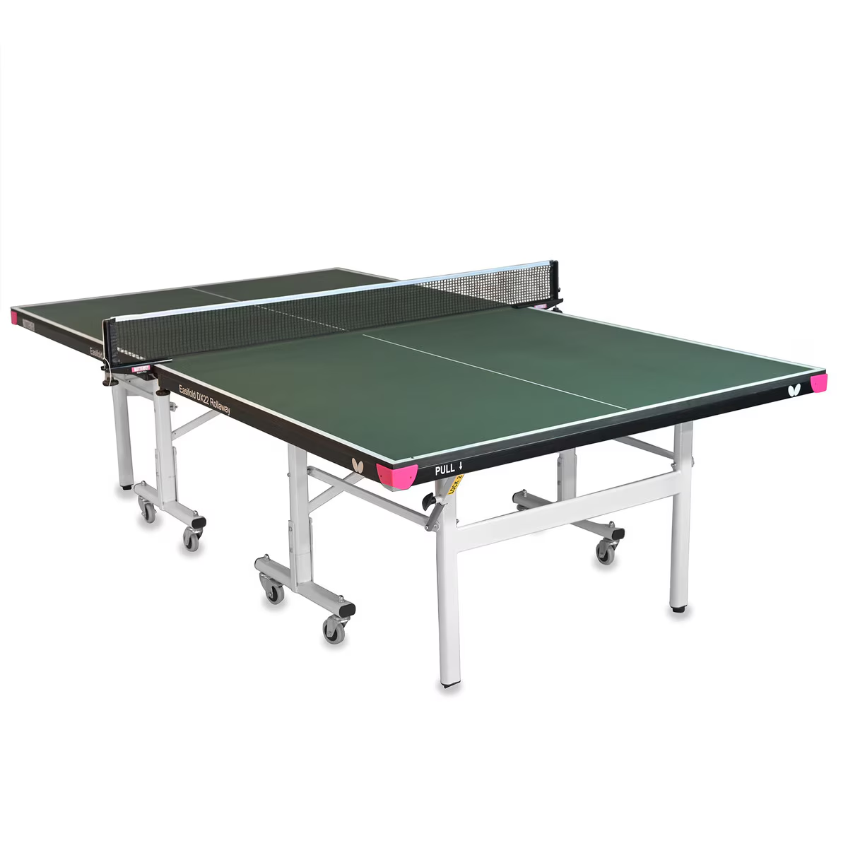 A vibrant green Butterfly Easifold DX 22 table tennis table, showcasing its sleek design and sturdy construction, set up for play in a well-lit indoor space.