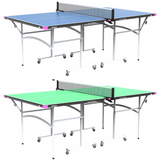 A vibrant Butterfly Junior Rollaway Table Tennis Table in green and blue, designed for young players. The table features a sturdy construction, easy foldability for storage, and a smooth playing surface, perfect for fun and skill development.
