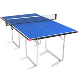 Butterfly Junior Stationary Blue Table Tennis Table with a net, folded for storage.