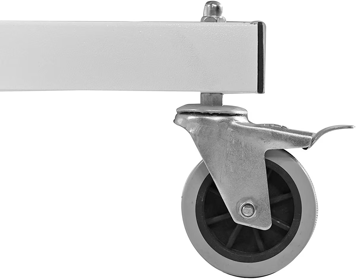 Close-up of a caster wheel with brake on the Butterfly National League 25 Table Tennis Table.