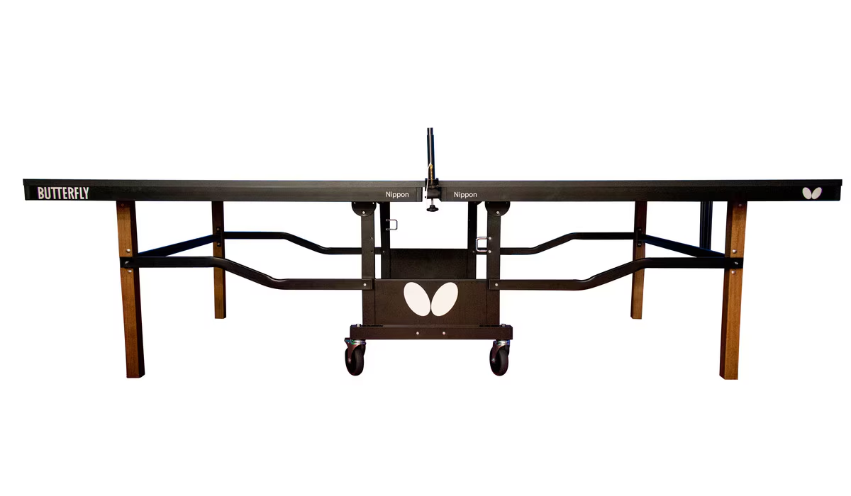 Butterfly Nippon 22 Table Tennis Table with net, wooden legs, and wheels. USATT approved.