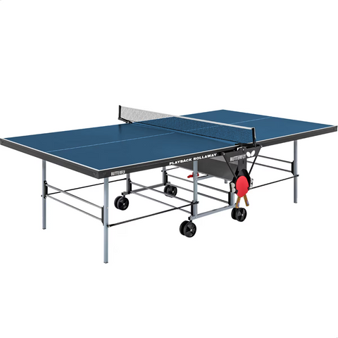 Butterfly Playback 19 Blue Table by Butterfly with net, wheels, steel frame, and playback feature.