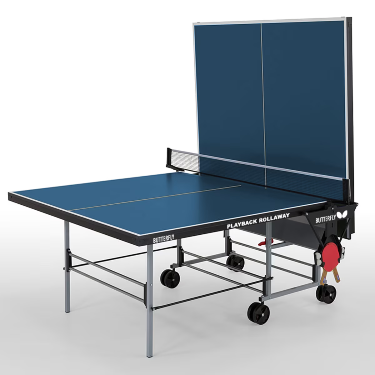 Butterfly Playback 19 Blue Table by Butterfly with net, wheels, steel frame, and playback feature.