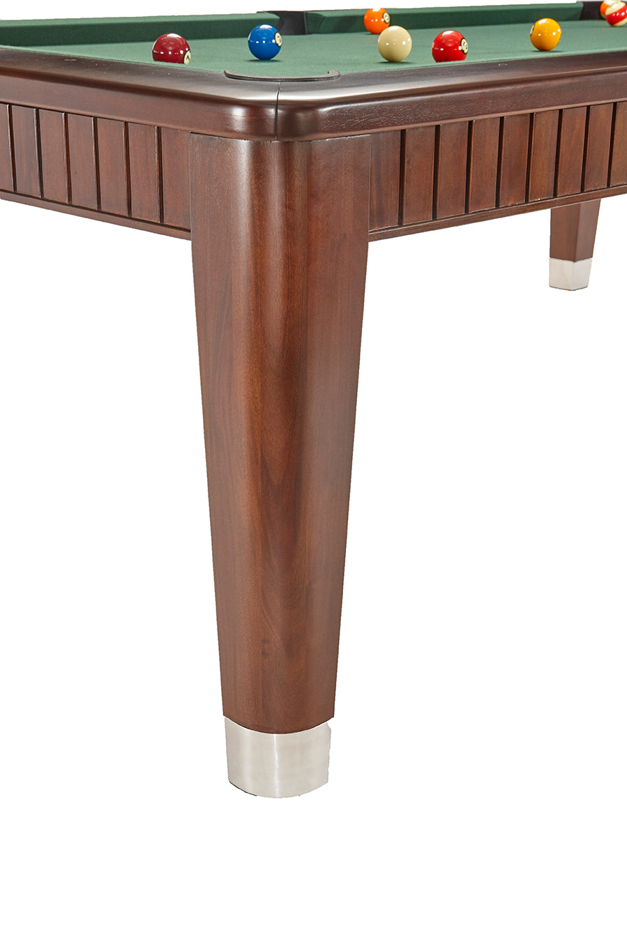 Corner of Brunswick Billiards The Henderson 8' Slate Pool Table in Espresso with green felt.