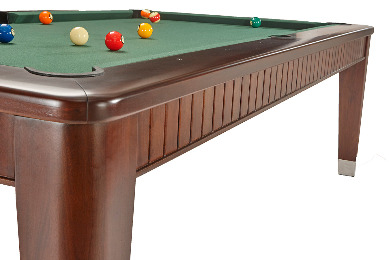 Brunswick Billiards The Henderson 8' Slate Pool Table in Espresso with green felt and balls.