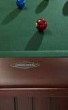 Brunswick Billiards Henderson 8' slate pool table in espresso with blue and red balls.