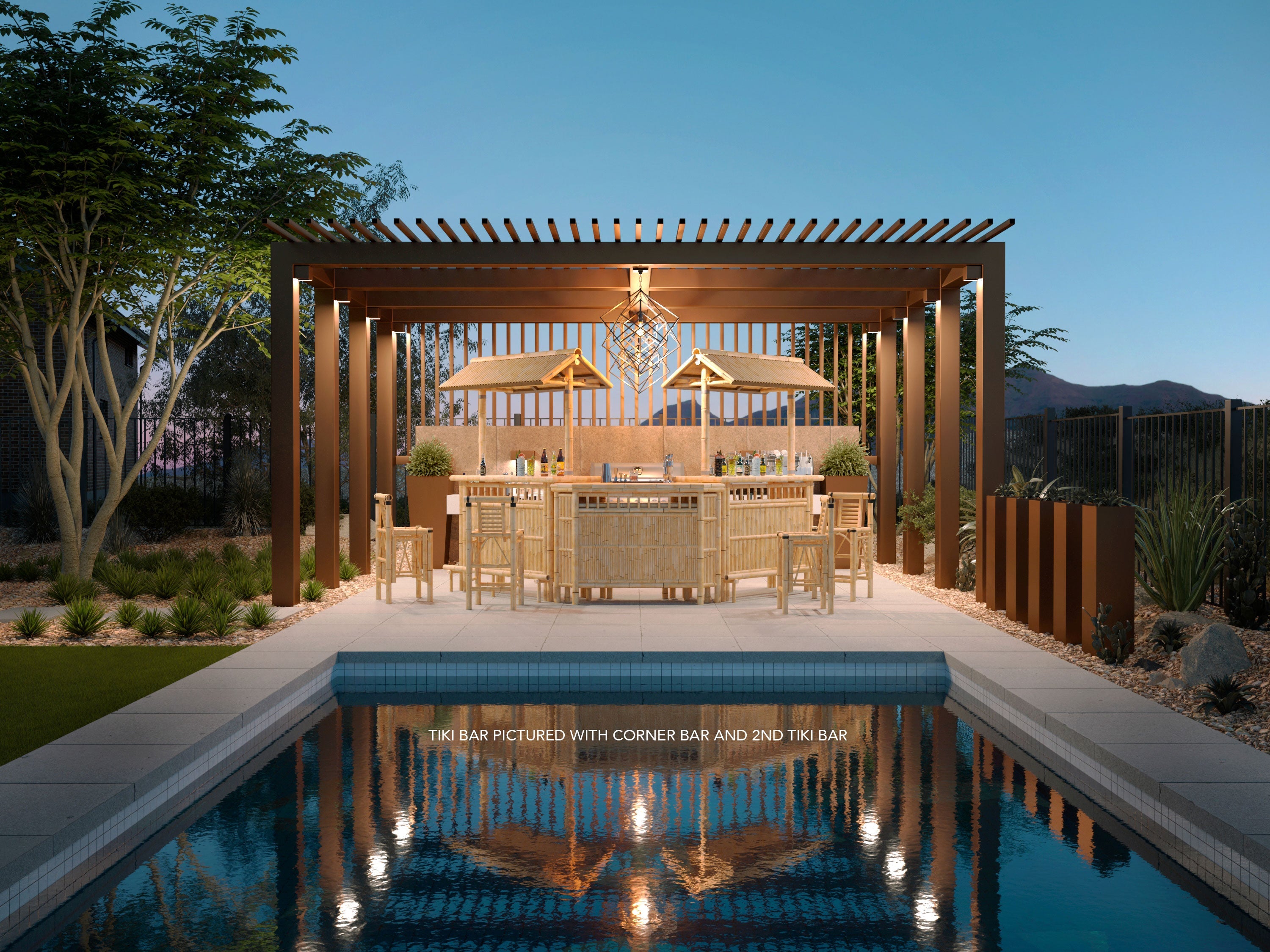 RAM Game Room 60" Bamboo Tiki Bar with stools sits under a pergola by the pool at dusk.