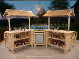RAM Game Room 60" Bamboo Tiki Bar with stools, bottles, and poolside lounge at dusk.