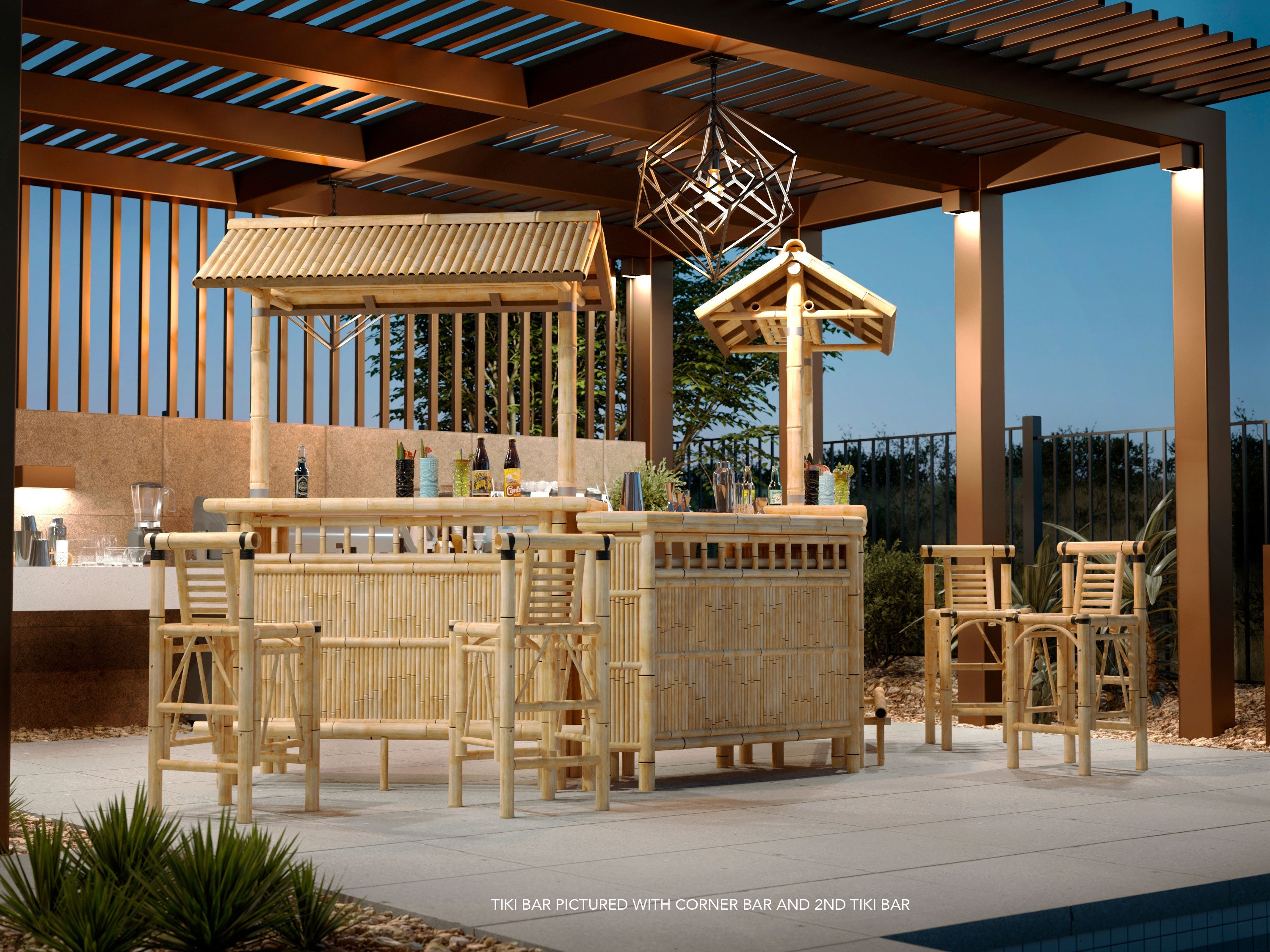 RAM Game Room 60" Bamboo Tiki Bar with barstools creates a cozy lounge for your pergola.