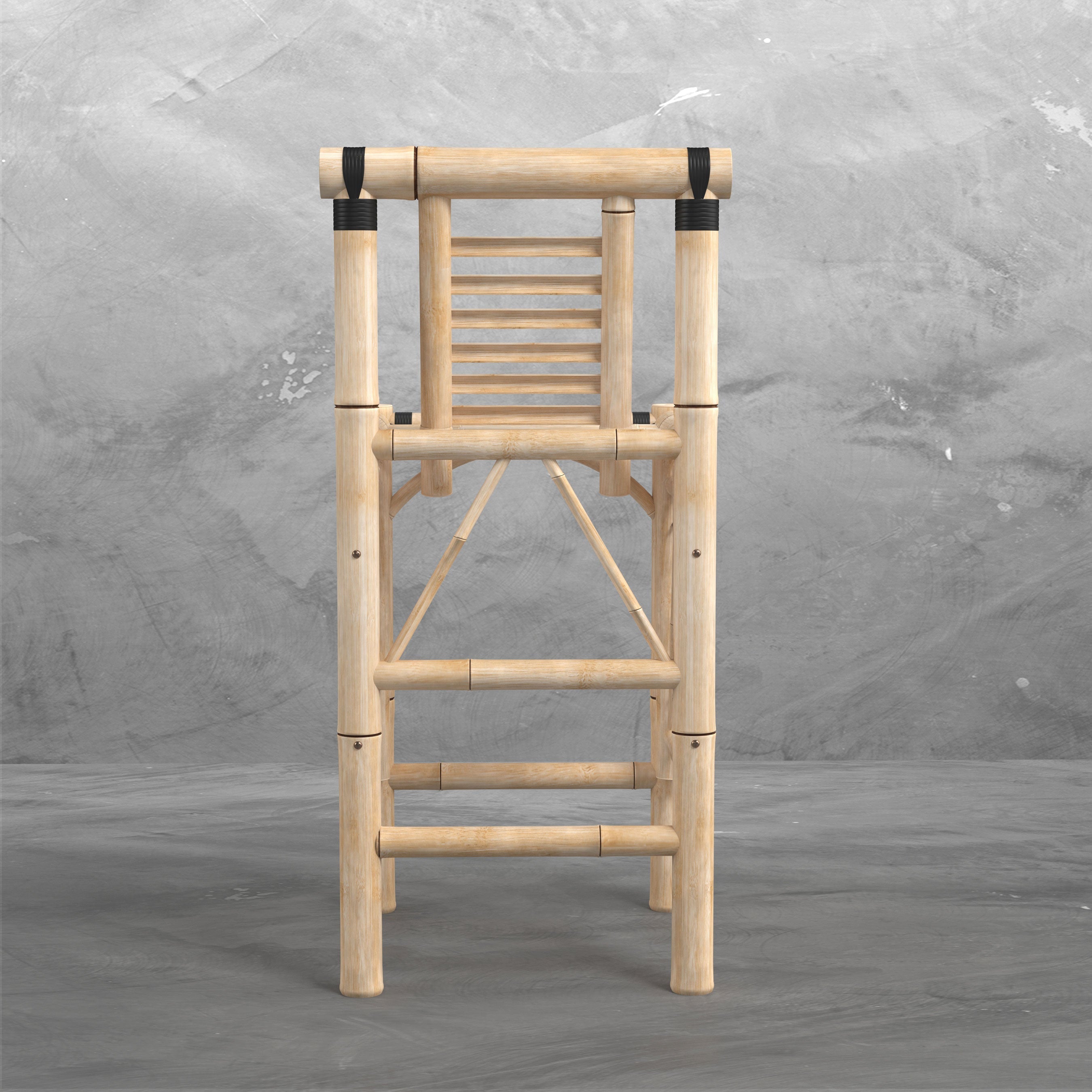 A wooden ladder gym stands by RAM Game Room bamboo tiki bar stools on a gray concrete floor.