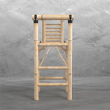 A wooden ladder gym stands by RAM Game Room bamboo tiki bar stools on a gray concrete floor.
