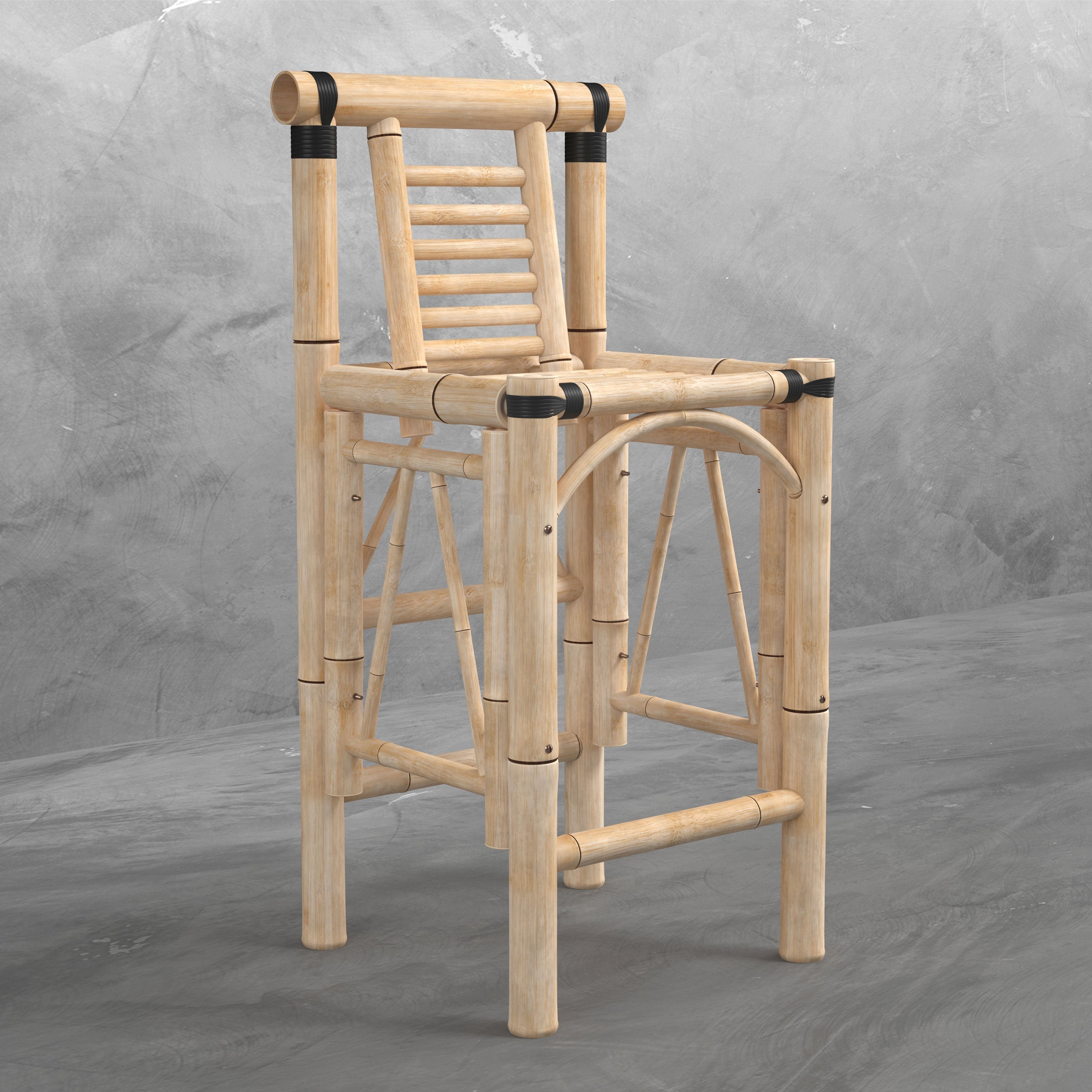 Set of two bamboo Tiki bar stools by RAM Game Room, shown against a concrete wall.