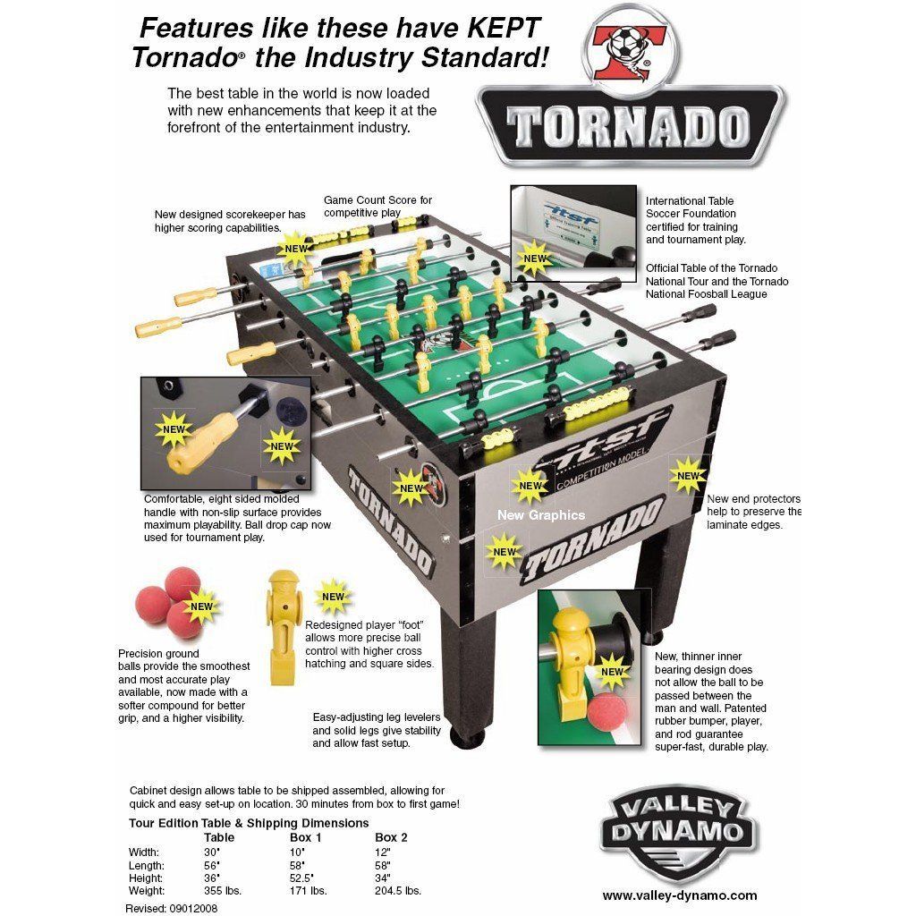 Tornado Tournament Competition T-3000 Silver Foosball Table with labeled handles, rods & score counter.