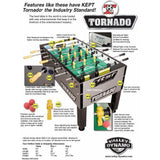 Tornado Tournament Competition T-3000 Silver Foosball Table with labeled handles, rods & score counter.