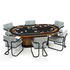 RAM Game Room Prohibition Texas Hold'em Poker Table - Walnut with six grey chairs and accessories.