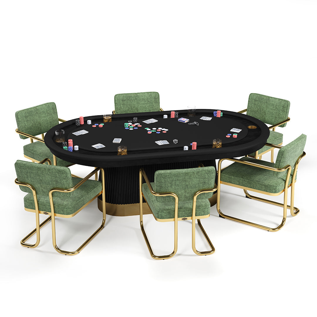 RAM Game Room Prohibition Texas Hold'em Poker Table - Black by RAM Game Room with green chairs.