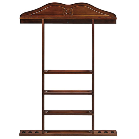 RAM Game Room Wall Cue Rack in chestnut finish with four shelves and bottom cue holes.