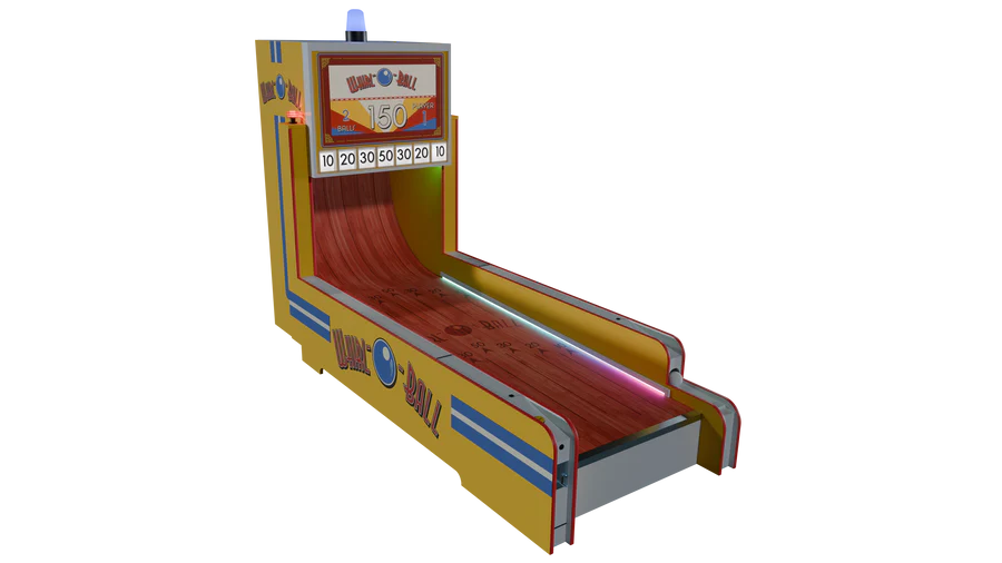 Vintage-style arcade game machine with colorful design on a white background