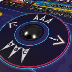 Close-up of a vintage arcade joystick with 'A', 'B', and 'C' buttons on a blue background.