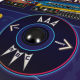 Close-up of a vintage arcade joystick with 'A', 'B', and 'C' buttons on a blue background.