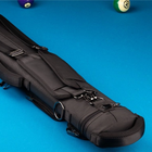 A black multi-pocket billiards cue case with silver buckles and a metal ring, shown on a bright blue pool table with pool balls in the background.