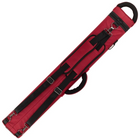 A red and black hard case with multiple straps, buckles, and a top handle, shown diagonally on a plain white background.