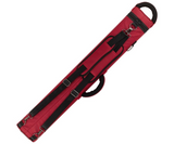 A red and black hard case with multiple straps, buckles, and a top handle, shown diagonally on a plain white background.