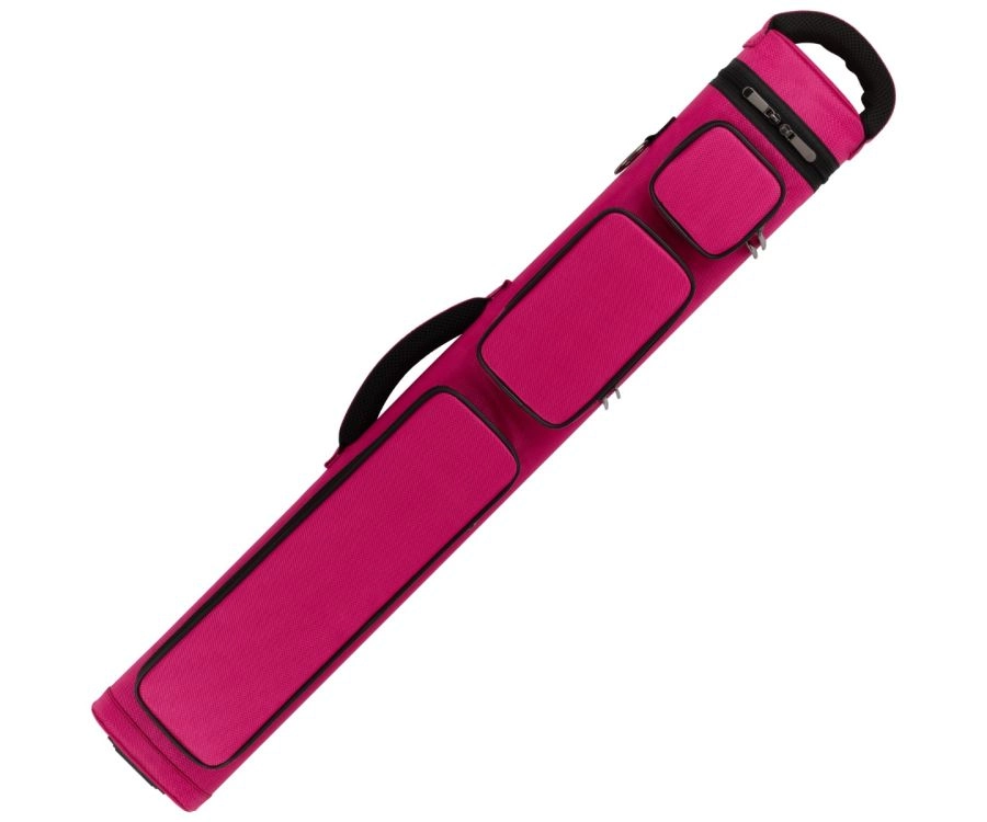 Pink pool cue case with black accents on a white background