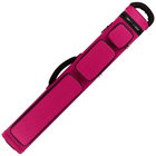 Pink pool cue case with black accents on a white background