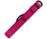 Pink pool cue case with black accents on a white background