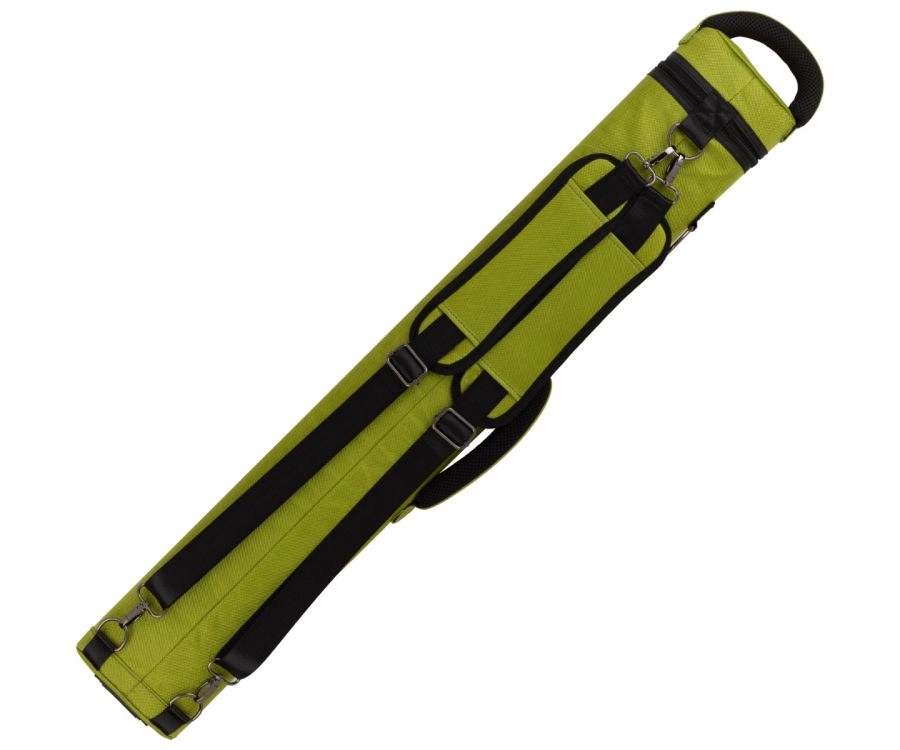 A lime green and black cue case diagonally on a plain white background.