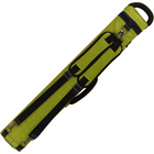 A lime green and black cue case diagonally on a plain white background.