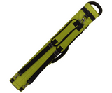 A lime green and black cue case diagonally on a plain white background.
