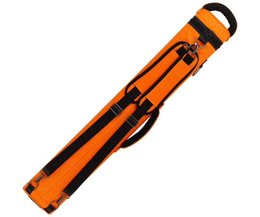 An orange and black bowfishing rod case with multiple straps, buckles, and a top carrying handle, shown on a plain white background.
