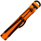 An orange and black bowfishing rod case with multiple straps, buckles, and a top carrying handle, shown on a plain white background.