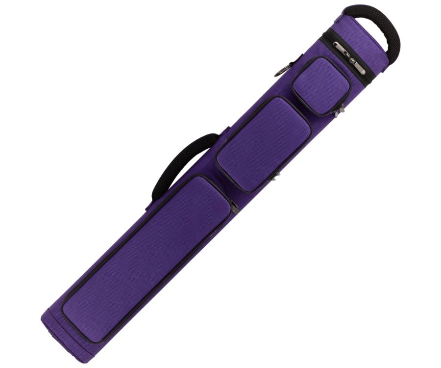 Purple pool cue case with a handle on a white background