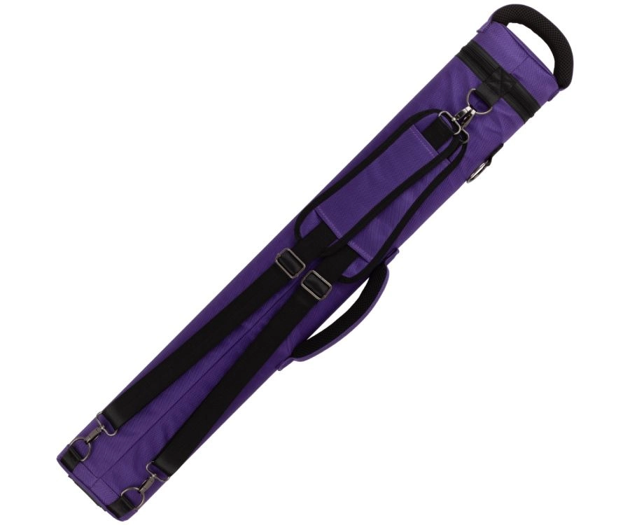 A purple instrument case with black straps, buckles, and a top handle, shown diagonally on a plain white background.