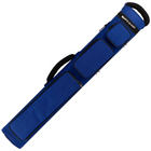 Blue pool cue case with black accents on a white background
